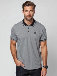 Melanżowa koszulka męska polo z kołnierzykiem w paski – czarna V1 - Rozmiar: S. Czarne koszulki polo męskie Ombre Clothing, m, z aplikacjami, z bawełny, casualowe, bez ramiączek. W wyprzedaży za 39.99 zł.