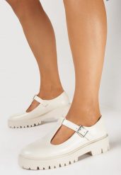 Beżowe Półbuty na Podeszwie z Protektorem i Błyszczącą Sprzączką Elvilda. Brązowe półbuty damskie Born2be, bez wzorów, z jeansu, klasyczne, bez obcasa, na płaskiej podeszwie, bez zapięcia. Za 54.99 zł.