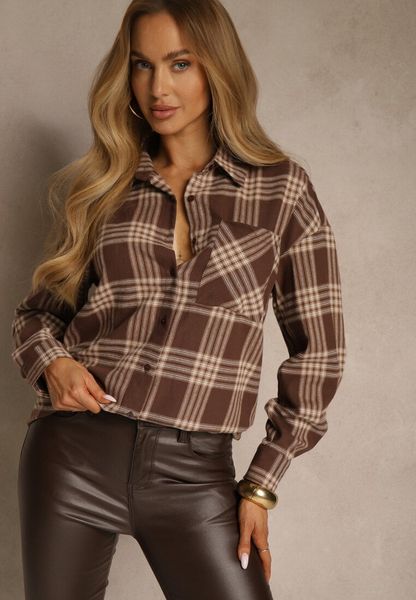 Brązowa Koszula z Bawełny Ozdobiona Kratą Monitela. Brązowe koszule damskie Renee, m, bez wzorów, z bawełny, klasyczne, bez kołnierzyka, bez ramiączek. Za 119.99 zł.