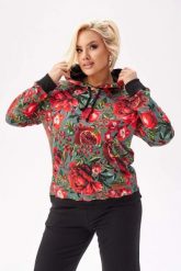 Dresowa bluza Karolina z kolorowym printem PLUS SIZE XXL JESIEŃ. Brązowe bluzy sportowe damskie Moda Size Plus Iwanek, plus size, z aplikacjami, z bawełny, z kapturem. Za 279.90 zł.