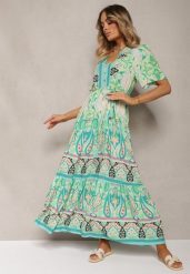 Zielona Boho Sukienka z Wiskozy z Ozdobnymi Guzikami i Cienkim Paskiem w Talii Dimosia. Zielone sukienki damskie Renee, na co dzień, na lato, l, bez wzorów, z wiskozy, boho, bez kołnierzyka, bez ramiączek, maxi, proste. Za 84.99 zł.