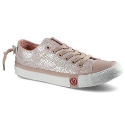 Trampki damskie Cross Jeans, z materiałową cholewką o tłoczonej fakturze wiązaniem na oczka gumowanym noskiem i elastyczną podeszwą, różowe, DD2R4058. Czerwone trampki i tenisówki dziewczęce Cross Jeans, bez wzorów, z gumy, bez zapięcia. Za 69.90 zł.