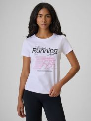 4F T-shirt slim z nadrukiem damski - biały S. Białe t-shirty damskie 4f, s, bez wzorów, z bawełny, klasyczne, bez kołnierzyka. W wyprzedaży za 39.99 zł.