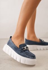 Granatowe Skórzane Mokasyny na Grubej Podeszwie Zdobione Perforacją i Łańcuszkiem Ariuk. Niebieskie mokasyny damskie Born2be, z dzianiny, biznesowe. Za 169.99 zł.