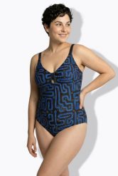 Damskie Kostium kąpielowy wzór skóra węża miękkie miseczki falbana z recyklingu. Czarne kostiumy jednoczęściowe damskie Ulla Popken, plus size, bez wzorów, z elastanu, plus size, do pływania. Za 191.99 zł.