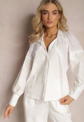 Biała Bawełniana Koszula w Stylu Retro ze Stójką Ozdobiona Ażurowymi Wstawkami Hesllema. Białe bluzki damskie Renee, l, w ażurowe wzory, z bawełny, eleganckie, bez kołnierzyka, bez ramiączek. Za 89.99 zł.