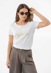 T-shirt z printem T-CORIS. Białe t-shirty damskie Volcano, s, bez wzorów, z bawełny, eleganckie, bez kołnierzyka. Za 69.99 zł.