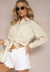 Beżowa Elegancka Koszula Bawełniana z Klasycznym Wzorem w Paski Lervana. Brązowe bluzki damskie Renee, l, bez wzorów, z bawełny, eleganckie, bez kołnierzyka, bez ramiączek. Za 79.99 zł.