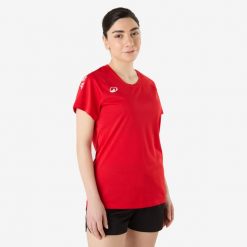 Koszulka do piłki ręcznej damska Atorka H100. Czerwone koszulki sportowe damskie KIPSTA, m, bez wzorów, z materiału, sportowe, bez kołnierzyka. Za 44.99 zł.