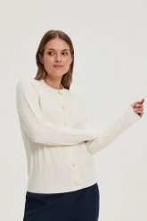 Sweter z ozdobnym splotem ecru. Swetry damskie MOODO, l, bez wzorów, z poliamidu, bez kołnierzyka, bez ramiączek, bez kaptura. Za 139.99 zł.