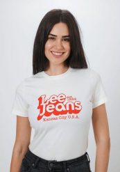 DAMSKI T-SHIRT LEE SLIM LOGO TEE WHITE CANVAS L44CEPRR 112109812. Białe t-shirty damskie Lee, l, bez wzorów, bez kołnierzyka. Za 69.99 zł.