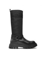 TWINSET Kozaki Stivale 242GCJ S Czarny. Czarne kozaki damskie Twinset, ze skóry, bez obcasa, na płaskiej podeszwie. Za 1,249.00 zł.