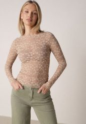 Beżowa Bluzka Koronkowa z Transparentnego Materiału Hermatea. Brązowe bluzki damskie Born2be, m, bez wzorów, z jeansu, eleganckie, bez kołnierzyka, bez ramiączek. Za 79.99 zł.