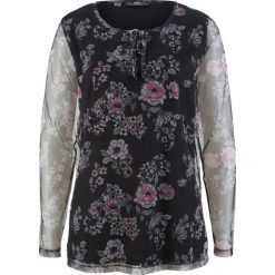 Shirt siatkowy w kwiaty bonprix czarno-różowy z nadrukiem. Bluzki damskie marki bonprix. Za 37.99 zł.