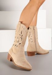 Beżowe Ażurowe Botki Vices na Obcasie w Stylu Kowbojek Helori. Brązowe botki damskie Born2be, z jeansu, boho, bez obcasa, na obcasie, bez zapięcia. Za 149.99 zł.