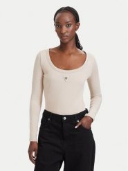 Guess Body V4YP07 J1314 Beżowy Slim Fit. Brązowe bluzki damskie Guess, l, z aplikacjami, z bawełny, bez kołnierzyka, bez ramiączek. Za 194.99 zł.