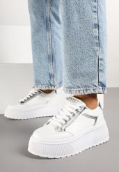 Białe Sneakersy na Platformie Ozdobione Przeszyciami Tatoretia. Białe obuwie sportowe damskie Renee, bez wzorów, z jeansu. Za 99.99 zł.