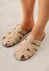 Beżowe Klapki z Paskami w Stylu Gladiatorek z Klamerką Lorianatea. Brązowe klapki damskie Born2be, bez wzorów, z jeansu, bez obcasa, na płaskiej podeszwie. Za 69.99 zł.