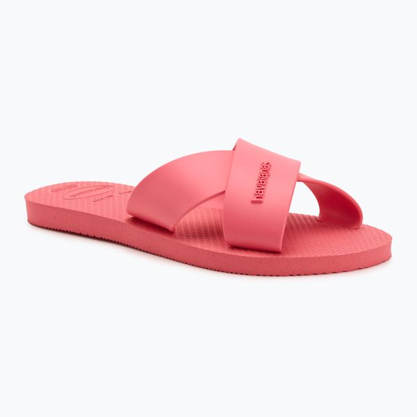 Klapki damskie Havaianas Aqua. Czerwone klapki damskie Havaianas, bez wzorów, z materiału, wakacyjne, bez obcasa. Za 83.99 zł.