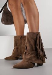 Brązowe Botki w Stylu Boho z Wywiniętą Cholewką i Frędzlami Harile. Brązowe botki damskie Born2be, z jeansu, boho, bez obcasa, na obcasie, bez zapięcia. Za 159.99 zł.