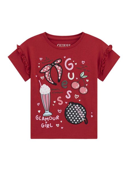 Guess T-Shirt K6RI04 K6YW4 Czerwony Regular Fit. Czerwone t-shirty i topy dla dziewczynek Guess, z aplikacjami, z bawełny, bez ramiączek. Za 119.99 zł.