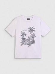 4F T-shirt relaxed z nadrukiem damski - biały L. Białe t-shirty damskie 4f, l, bez wzorów, z bawełny, klasyczne, bez kołnierzyka. Za 59.99 zł.
