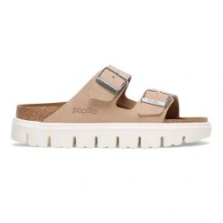 BIRKENSTOCK Arizona Chunky LEVE Warm Sand Klapki damskie. Brązowe klapki damskie Birkenstock, bez wzorów, z materiału, eleganckie, bez obcasa, na platformie. Za 499.99 zł.