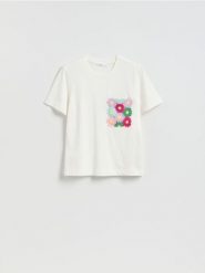 T-shirt z haftem - biały. Białe t-shirty damskie Reserved, l, bez wzorów, z bawełny, bez kołnierzyka. Za 79.99 zł.