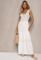 Biała Rozkloszowana Sukienka Maxi z Bawełnianej Tkaniny Galaise. Białe sukienki damskie Renee, na co dzień, na lato, l, bez wzorów, z bawełny, eleganckie, bez kołnierzyka, bez ramiączek, maxi, rozkloszowane. Za 84.99 zł.