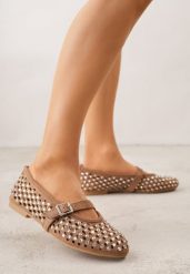 Brązowe Ażurowe Balerinki z Paskiem z Klamerką i Cyrkoniami Feanoene. Brązowe baleriny damskie Born2be, w ażurowe wzory, z jeansu, biznesowe, bez obcasa. Za 109.99 zł.