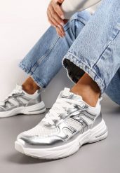Srebrne Buty Sportowe Ozdobione Siateczką i Metalicznymi Wstawkami Lawinle. Białe obuwie sportowe damskie Renee, bez wzorów. Za 109.99 zł.