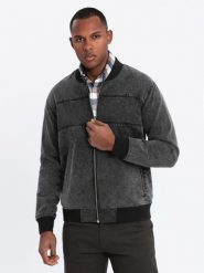 Męska jeansowa kurtka bomberka z efektem stone wash – czarna V2 - Rozmiar: M. Czarne kurtki męskie Ombre Clothing, m, bez wzorów, z bawełny. Za 299.99 zł.