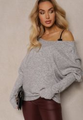 Szary Sweter z Lnem Oversize z Dekoltem w Łódkę Sassista. Szare swetry damskie Renee, m, bez wzorów, z jeansu, biznesowe, bez kołnierzyka, bez ramiączek, bez kaptura. Za 119.99 zł.