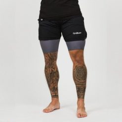 Szorty męskie fitness 2in1 czarno-szare. Szare krótkie spodenki sportowe męskie GYMBEAM, m, bez wzorów, z lycry, do biegania. Za 85.90 zł.