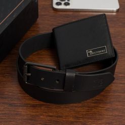 Zestaw prezentowy męski skórzany pasek portfel pudełko premium czarny Beltimore Z22. Czarne paski damskie bez wzorów. Za 129.99 zł.