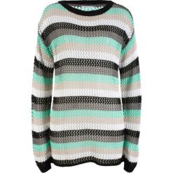 Sweter ażurowy w paski, długi rękaw bonprix szaro-mentolowy w paski. Swetry damskie bonprix. Za 37.99 zł.