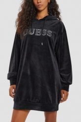 GUESS Сzarna damska długa welurowa bluza Couture, Rozmiar L. Czarne bluzy damskie Guess, l, z aplikacjami, z weluru, z kapturem. W wyprzedaży za 355.99 zł.