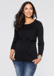 Sweter ciążowy z 100% bawełny, z wiązanym paskiem. Fioletowe swetry damskie bonprix, bez wzorów, z bawełny, bez kołnierzyka, moda ciążowa, bez ramiączek, bez kaptura. Za 37.99 zł.