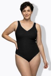 Damskie Strój kąpielowy struktura bez miękkich miseczek dekolt w serek. Czarne kostiumy jednoczęściowe damskie Ulla Popken, plus size, bez wzorów, z elastanu, sportowe, plus size, do pływania. Za 191.99 zł.