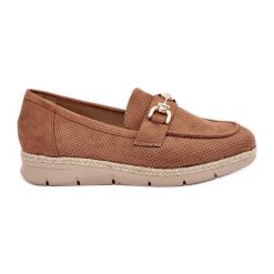 Ażurowe Mokasyny Ze Złotym Detalem I Jutową Plecionką Brązowe. Brązowe mokasyny damskie eleganckie. Za 111.09 zł.