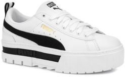 Damskie buty sportowe sneakersy na platformie białe PUMA MAYZE. Białe obuwie sportowe damskie Puma, z aplikacjami, z materiału, trekkingowe. Za 215.00 zł.