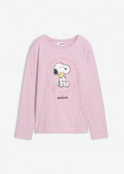 Koszulka z długim rękawem z motywem Snoopy z czystej bawełny. Fioletowe t-shirty i topy dla dziewczynek bonprix, bez wzorów, z bawełny, bez ramiączek. Za 74.99 zł.