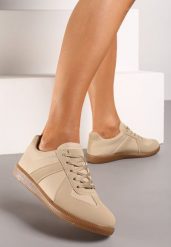 Ciemnobeżowe Płaskie Sneakersy ze Sznurowaniem i Wstawkami z Ekoskóry Elafae. Brązowe obuwie sportowe damskie Renee, bez wzorów, z jeansu. Za 49.99 zł.