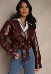 Bordowa Kurtka z Ekoskóry o Krótkim Kroju w Stylu Trencza z Paskiem i Kapturem Nilassiela. Czerwone kurtki damskie Renee, l, bez wzorów, z bawełny. Za 249.99 zł.