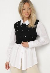 Czarna Rozkloszowana Bluzka Koszulowa z Wiskozą z Wszytą Kamizelką z Cyrkoniami Uliaviela. Czarne bluzki damskie Born2be, bez wzorów, z jeansu, eleganckie, bez kołnierzyka, bez ramiączek. Za 84.99 zł.