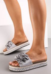 Szare Klapki na Podeszwie z Nitami Zdobione Kwiatową Aplikacją Althala. Szare klapki damskie Renee, z aplikacjami, eleganckie, bez obcasa, na płaskiej podeszwie. Za 54.99 zł.