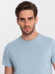 Ombre Męski klasyczny bawełniany T-shirt BASIC - niebieski V12 OM-TSBS-0146 M. Niebieskie t-shirty męskie Ombre, m, bez wzorów, z bawełny, klasyczne, bez kołnierzyka. Za 29.99 zł.