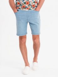 Szorty męskie z gumką w pasie i efektem sprania – jasnoniebieskie V1 - Rozmiar: M. Niebieskie szorty męskie Ombre Clothing, na lato, m, bez wzorów, z bawełny, eleganckie. W wyprzedaży za 79.99 zł.