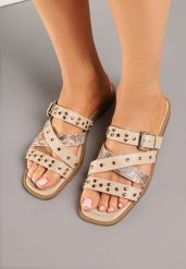 Ciemnobeżowe Klapki Ozdobione Klamrą i Nitami Ronilene. Brązowe klapki damskie Born2be, z aplikacjami, z jeansu, eleganckie, bez obcasa, na obcasie. Za 79.99 zł.