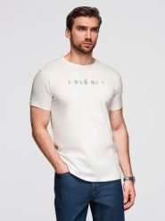 T-shirt męski z haftem na klatce piersiowej biały V2 OM-TSPT-0248 M. Białe t-shirty męskie Ombre, m, bez wzorów, bez kołnierzyka. Za 196.65 zł.